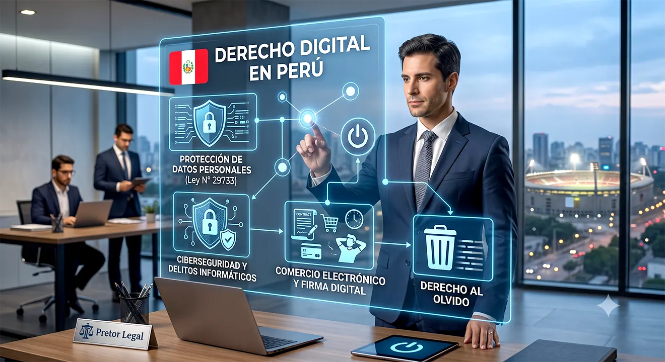 Abogada experta en derecho digital en Perú de Pretor Legal interactuando con interfaz holográfica que muestra Protección de Datos Personales (Ley N° 29733), Ciberseguridad, Comercio Electrónico y Derecho al Olvido